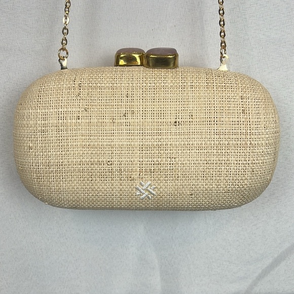 Pamela Munson Rosebud Floral Embroidered Cream Straw Clutch Bag - Picture 9 of 14